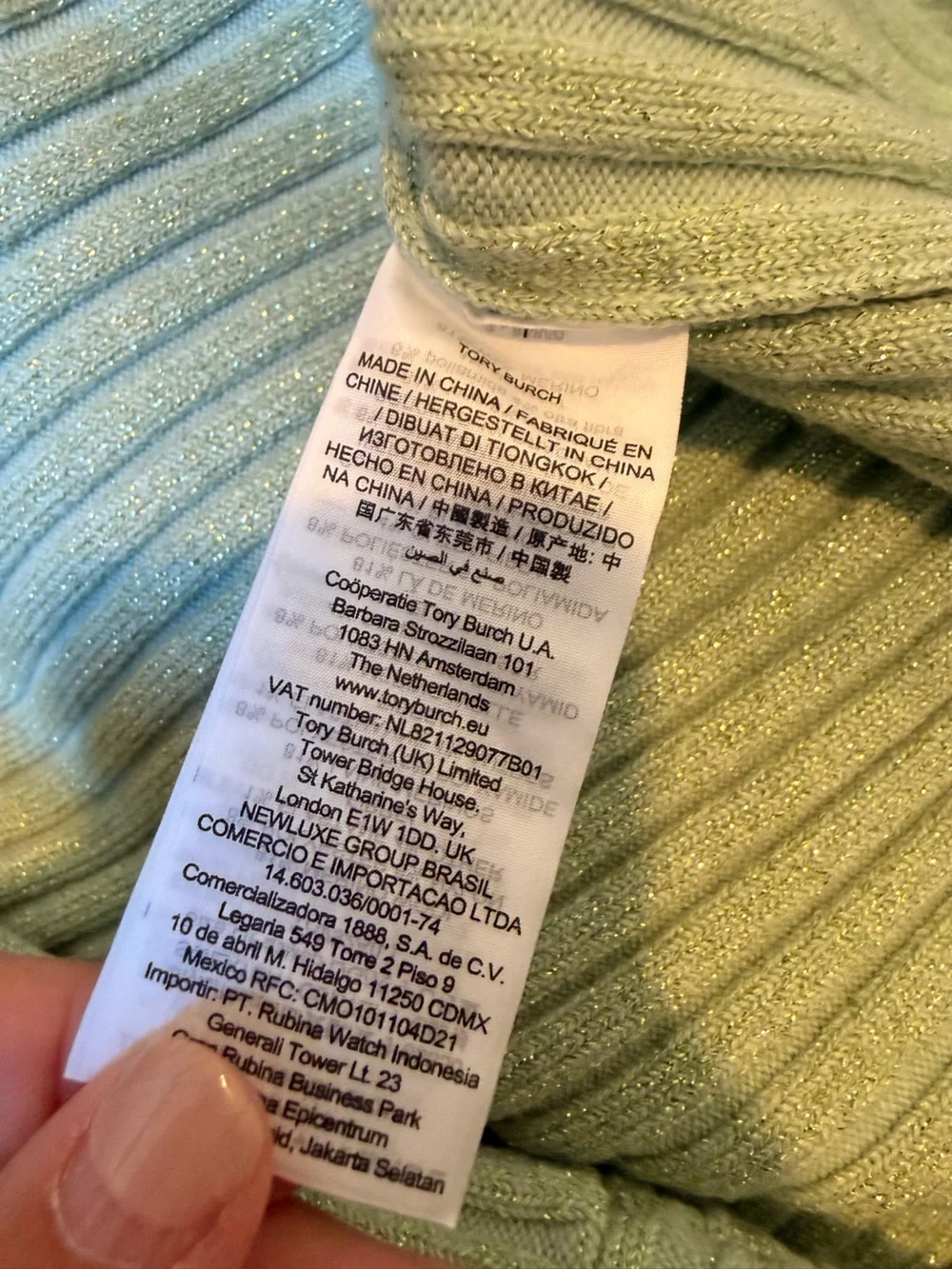 Tory Burch Metallic Lurex Striped Mint Green Ribbed Button-Front Cardigan Large